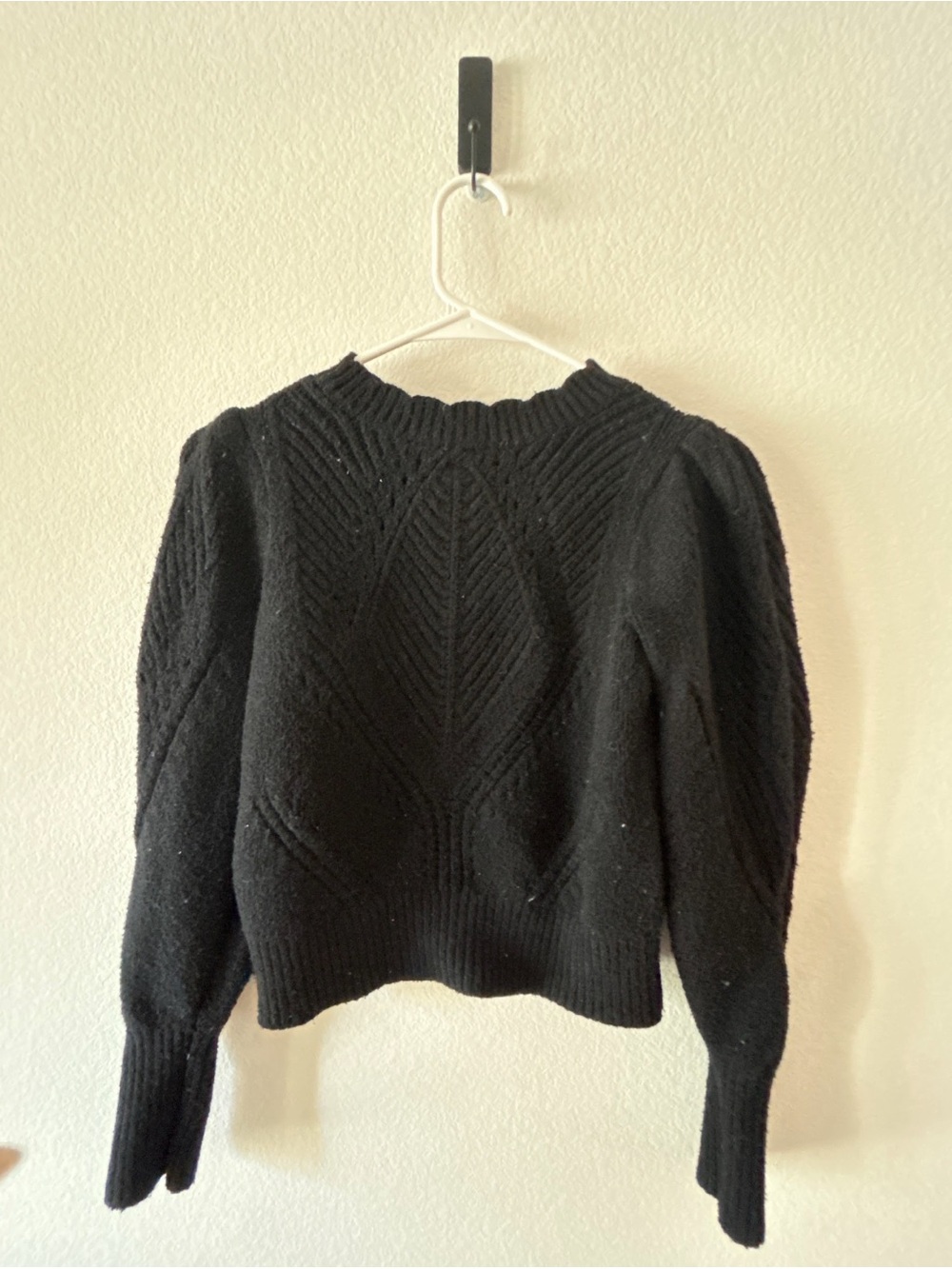 Anthropologie Black Textured Crewneck Sweater with Puffed Balloon Sleeves